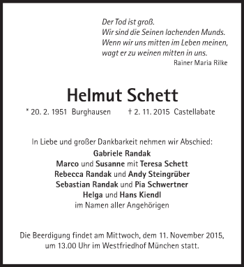 Traueranzeige von Helmut Schett von Süddeutsche Zeitung