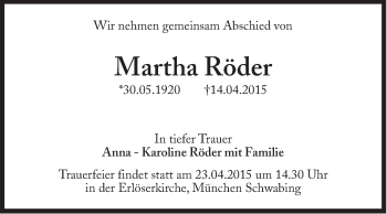 Traueranzeige von Martha Röder von Süddeutsche Zeitung