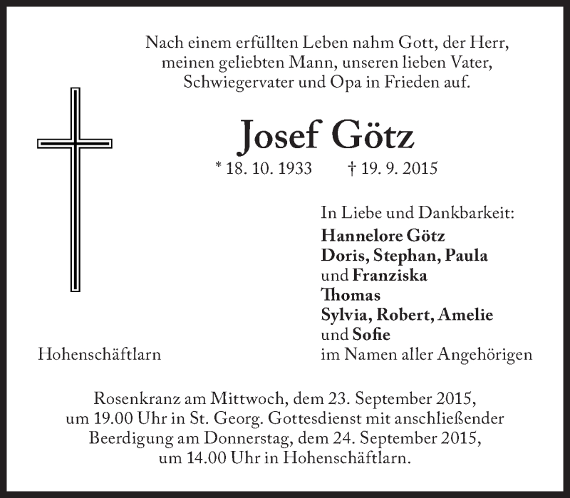  Traueranzeige für Josef Götz vom 23.09.2015 aus Süddeutsche Zeitung