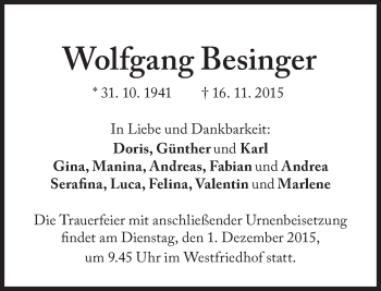 Traueranzeige von Wolfgang Besinger von Süddeutsche Zeitung