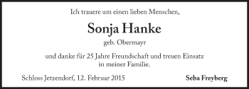 Traueranzeige von Sonja Hanke von Süddeutsche Zeitung