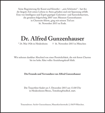 Traueranzeige von Alfred Gunzenhauser von Süddeutsche Zeitung
