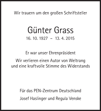 Traueranzeige von Günter Grass von Süddeutsche Zeitung