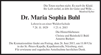 Traueranzeige von Maria Sophia Buhl von Süddeutsche Zeitung