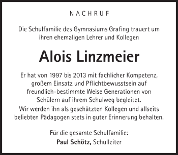 Traueranzeige von Alois Linzmeier von Süddeutsche Zeitung