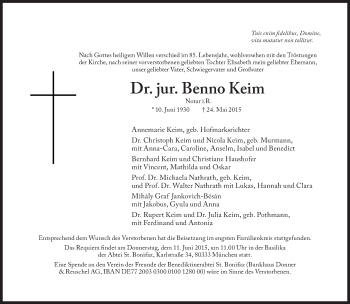 Traueranzeige von Benno Keim von Süddeutsche Zeitung