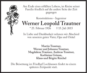 Traueranzeige von Werner Leopold Trautner von Süddeutsche Zeitung