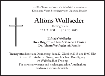 Traueranzeige von Alfons Wolfseder von Süddeutsche Zeitung