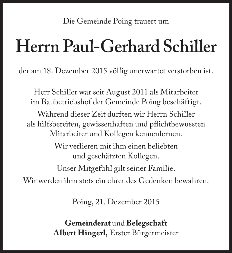  Traueranzeige für Paul-Gerhard Schiller vom 23.12.2015 aus Süddeutsche Zeitung