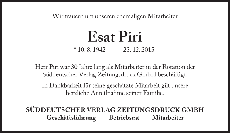  Traueranzeige für Esat Piri vom 14.01.2016 aus Süddeutsche Zeitung