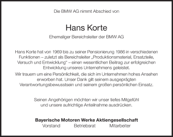 Traueranzeige von Hans Korte von Süddeutsche Zeitung