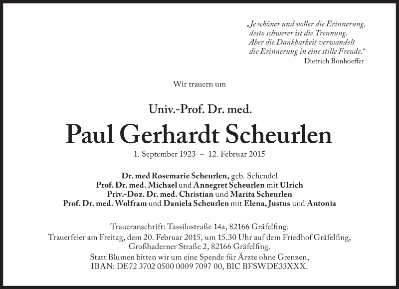  Traueranzeige für Paul Gerhardt Scheurlen vom 18.02.2015 aus Süddeutsche Zeitung