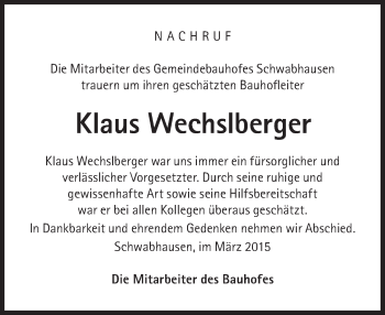 Traueranzeige von Klaus Wechslberger von Süddeutsche Zeitung