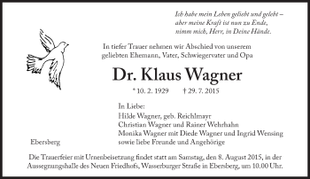 Traueranzeige von Klaus Wagner von Süddeutsche Zeitung