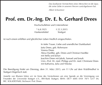 Traueranzeige von Gerhard Drees von Süddeutsche Zeitung
