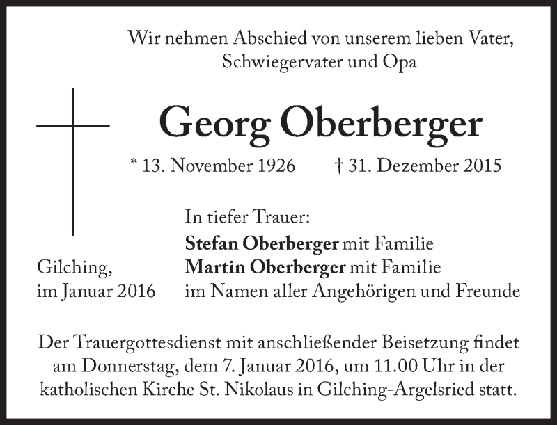 Traueranzeige für Georg Oberberger vom 05.01.2016 aus Süddeutsche Zeitung
