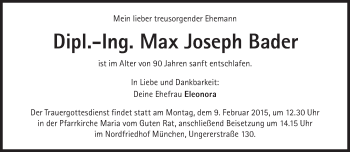 Traueranzeige von Max Joseph Bader von Süddeutsche Zeitung