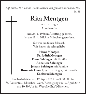 Traueranzeige von Rita Mentgen von Süddeutsche Zeitung