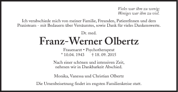 Traueranzeige von Franz-Werner Olbertz von Süddeutsche Zeitung