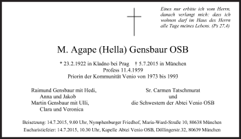 Traueranzeige von M. Agape Gensbaur von Süddeutsche Zeitung