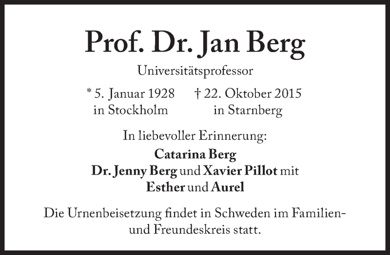  Traueranzeige für Jan Berg vom 30.10.2015 aus Süddeutsche Zeitung