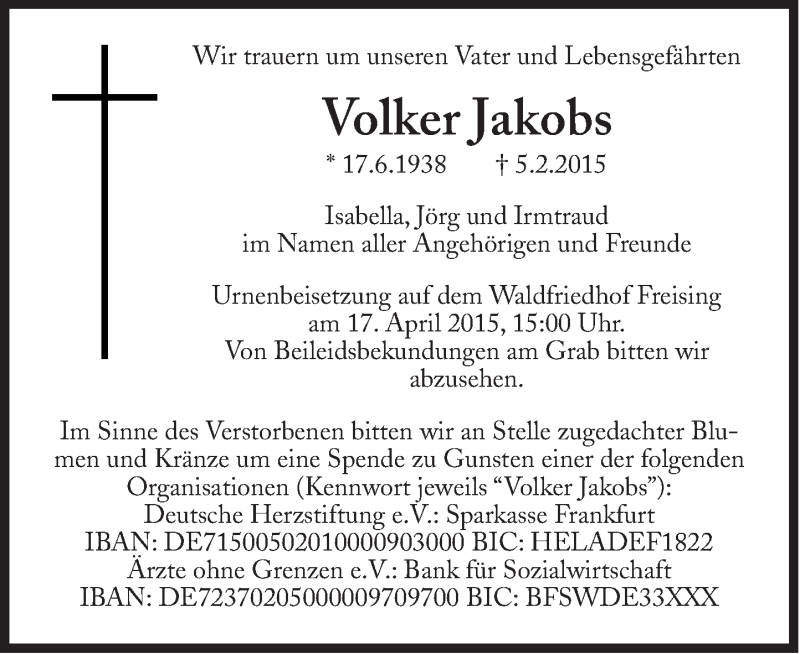  Traueranzeige für Volker Jakobs vom 11.04.2015 aus Süddeutsche Zeitung