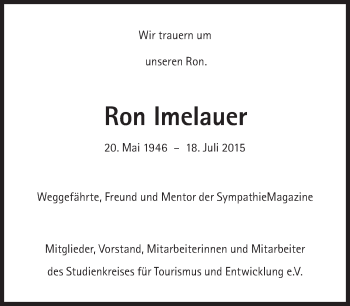 Traueranzeige von Ron Imelauer von Süddeutsche Zeitung