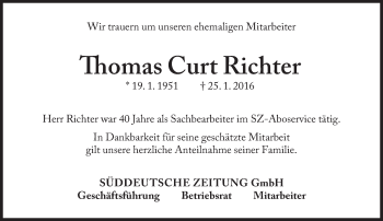 Traueranzeige von Thomas Curt Richter von Süddeutsche Zeitung