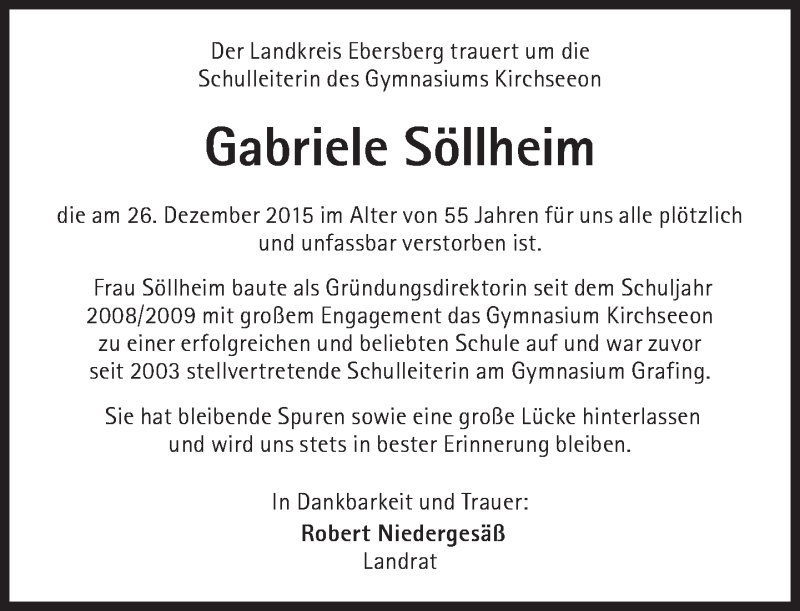  Traueranzeige für Gabriele Söllheim vom 02.01.2016 aus Süddeutsche Zeitung
