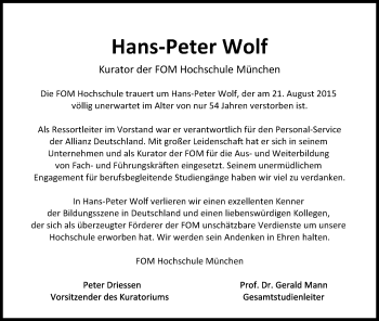Traueranzeige von Hans-Peter Wolf von Süddeutsche Zeitung