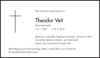 Traueranzeige von Theodor Veit von Süddeutsche Zeitung
