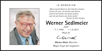 Traueranzeige von Werner Sedlmeier von Süddeutsche Zeitung