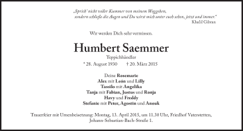 Traueranzeige von Humbert Saemmer von Süddeutsche Zeitung