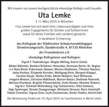 Traueranzeige von Uta Lemke von Süddeutsche Zeitung