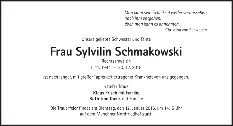  Traueranzeige für Sylvilin Schmakowski vom 09.01.2016 aus Süddeutsche Zeitung