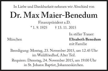 Traueranzeige von Max Maier-Benedum von Süddeutsche Zeitung