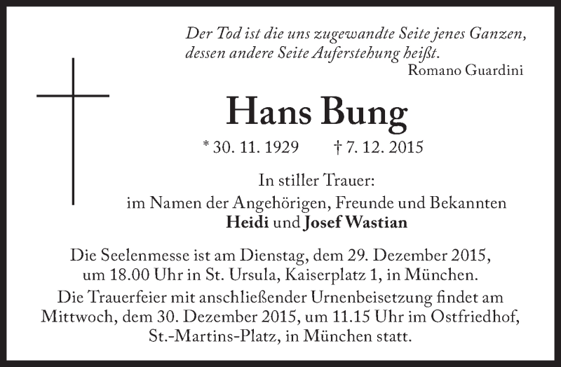  Traueranzeige für Hans Bung vom 28.12.2015 aus Süddeutsche Zeitung