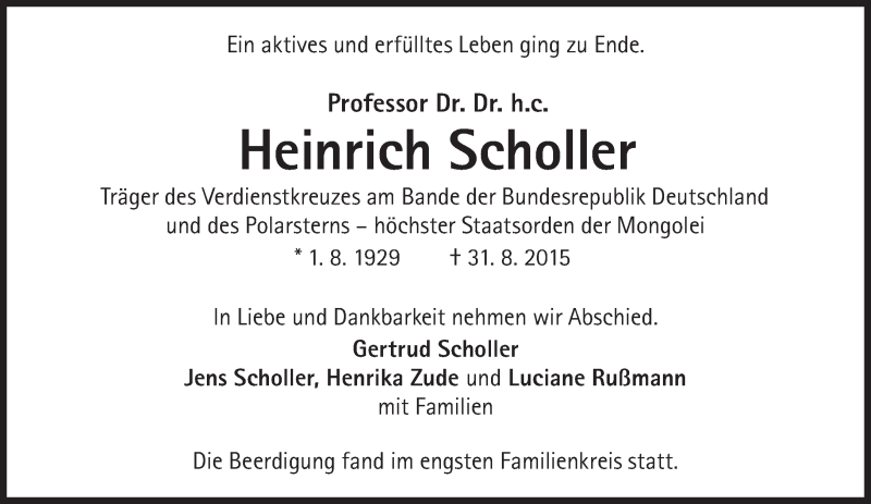  Traueranzeige für Heinrich Scholler vom 12.09.2015 aus Süddeutsche Zeitung