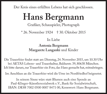 Traueranzeige von Hans Bergmann von Süddeutsche Zeitung