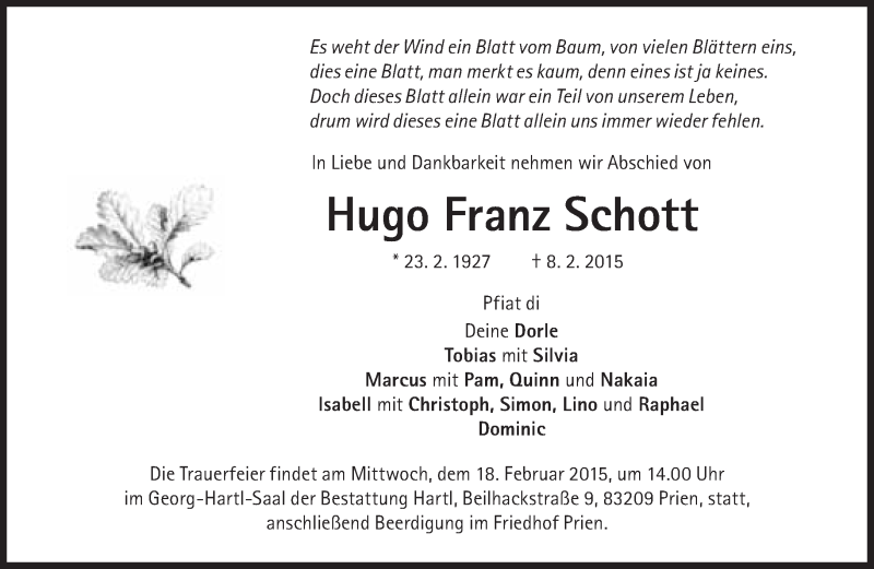  Traueranzeige für Hugo Franz Schott  vom 14.02.2015 aus Süddeutsche Zeitung