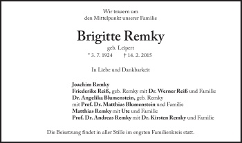 Traueranzeige von Brigitte Remky von Süddeutsche Zeitung