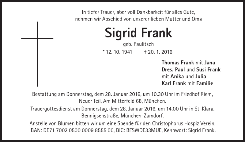  Traueranzeige für Sigrid Frank vom 23.01.2016 aus Süddeutsche Zeitung