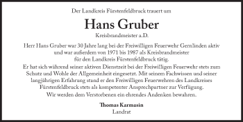 Traueranzeige von Hans Gruber von Süddeutsche Zeitung
