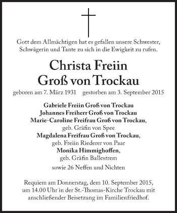 Traueranzeige von Christa Freiin Groß von Trockau von Süddeutsche Zeitung