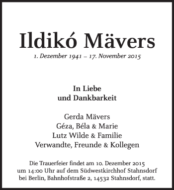 Traueranzeige von Ildikó Mävers von Süddeutsche Zeitung