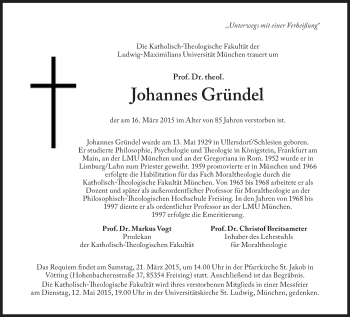 Traueranzeige von Prof. Dr. theol. Johannes Gründel von Süddeutsche Zeitung
