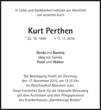 Traueranzeige von Kurt Perthen von Süddeutsche Zeitung
