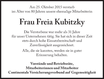 Traueranzeige von Freia Kubitzky von Süddeutsche Zeitung