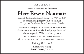 Traueranzeige von Erwin Neumair von Süddeutsche Zeitung