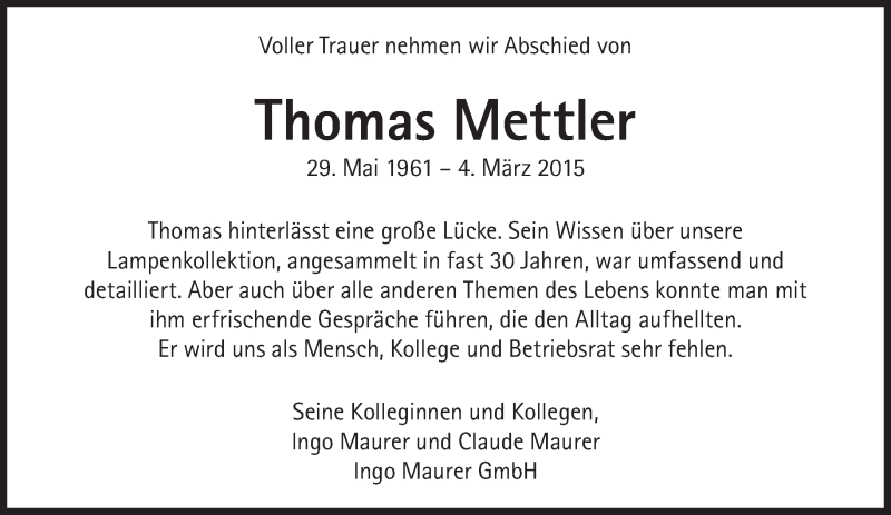  Traueranzeige für Thomas Mettler vom 14.03.2015 aus Süddeutsche Zeitung